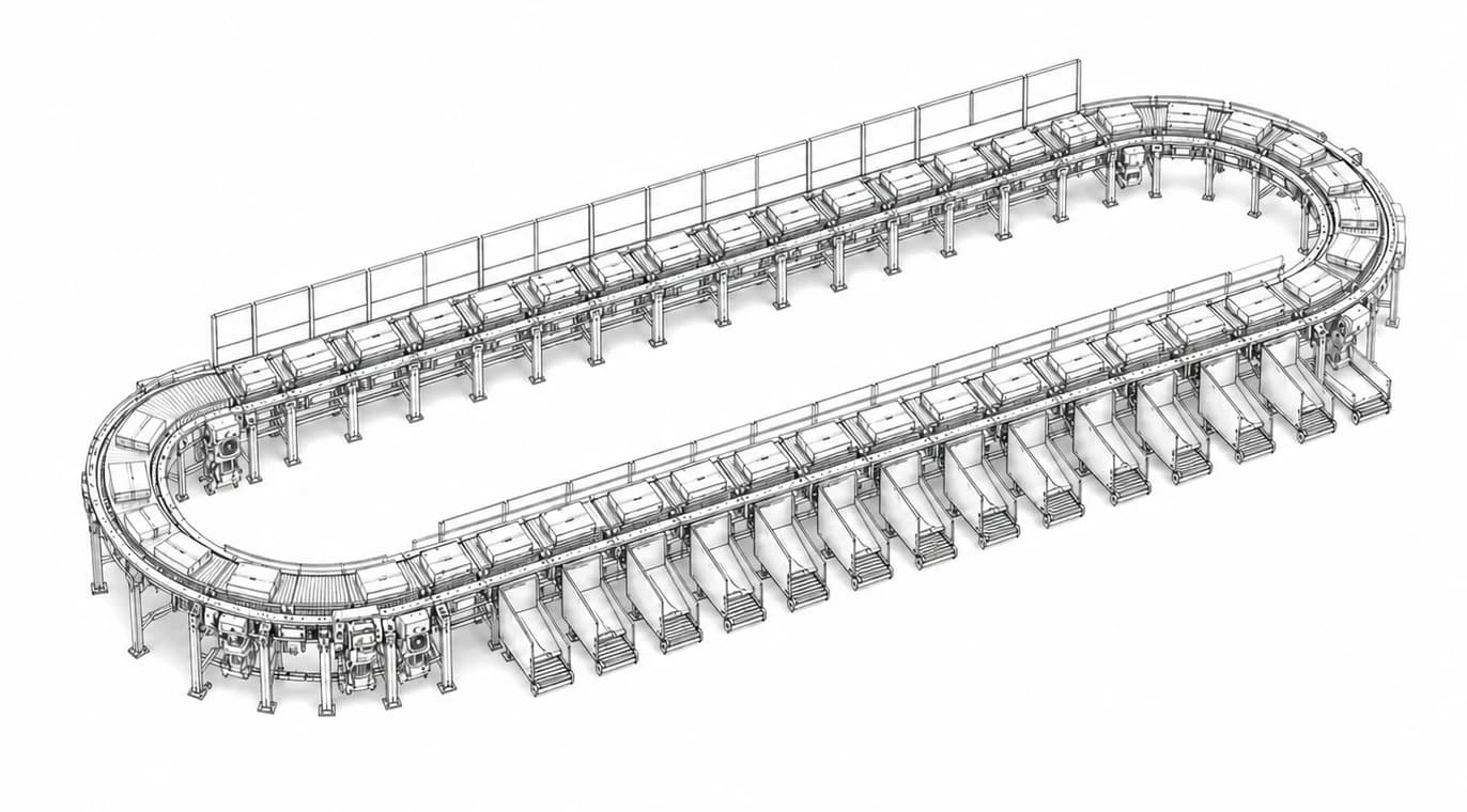 Isometric planning illustration of a closed-loop parcel sorting system